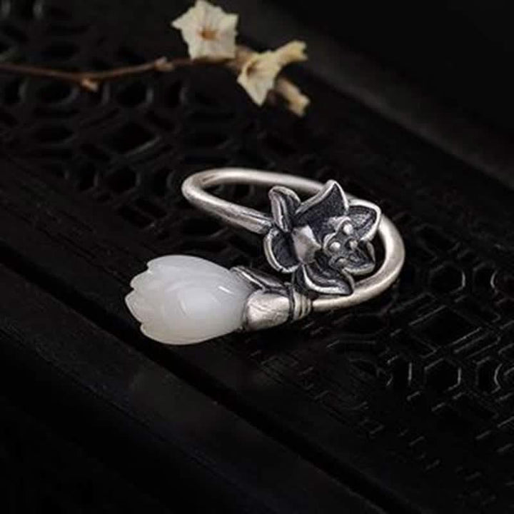 Buddha Stones Jade Lotus Copper Balance Healing Adjustable Ring - image 1