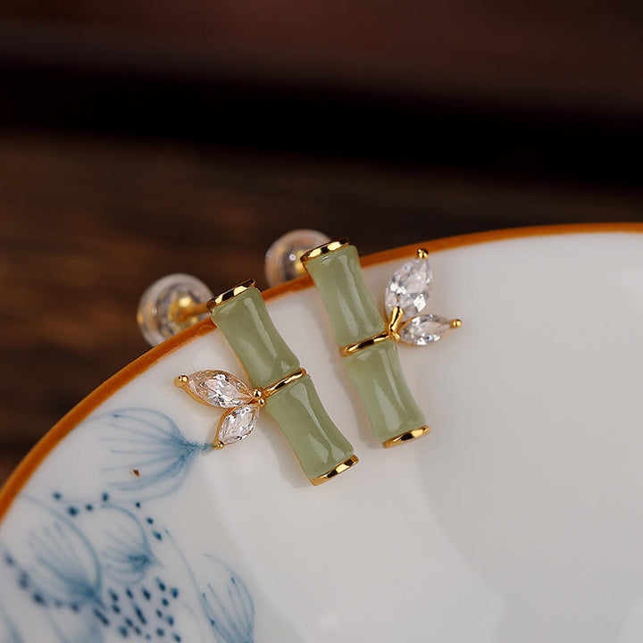 Buddha Stones 925 Sterling Silver Hetian Cyan Jade White Jade Red Agate Bamboo Pattern Luck Stud Earrings - image 3
