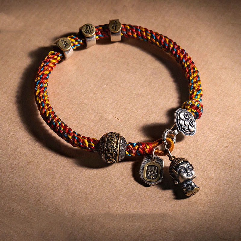 Buddha Stones Handmade Tibetan 925 Sterling Silver Chinese Zodiac Natal Buddha Zakiram Goddess of Wealth Protection Multicolored Rope Braided Bracelet - image 0