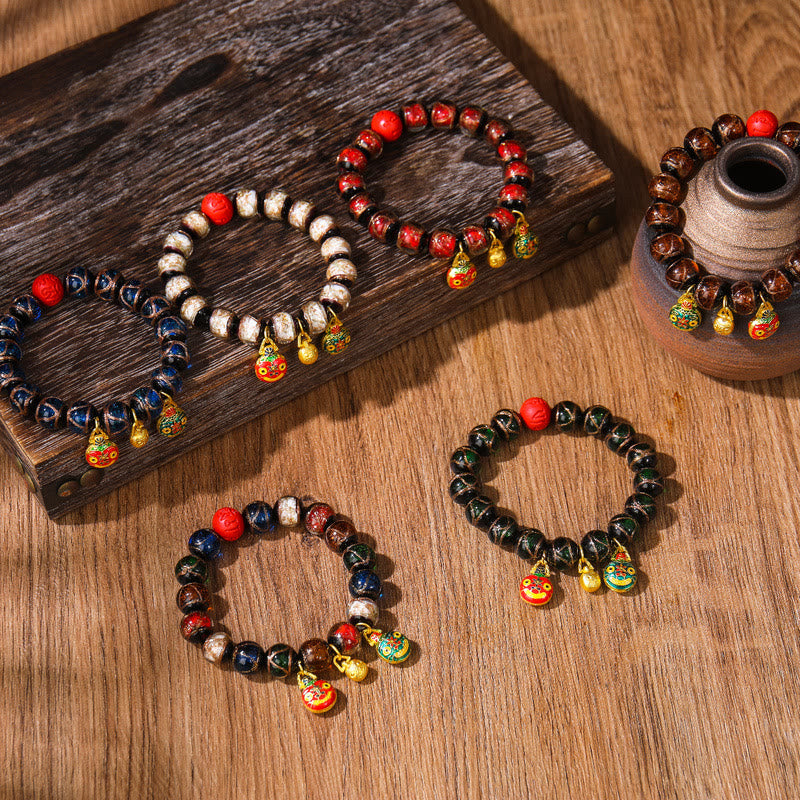 Buddha Stones Gold Swallowing Beast Family Colorful Cinnabar Bead Bracelet - image 5