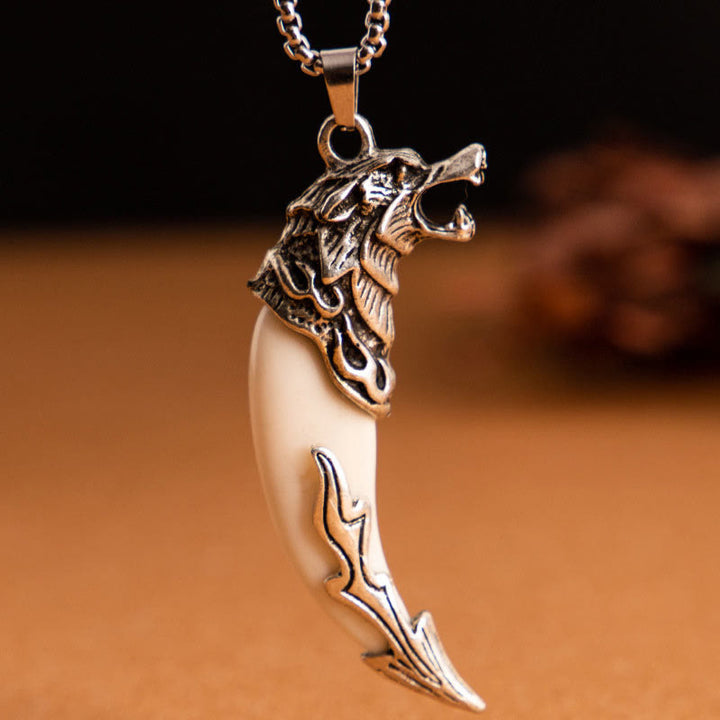 Buddha Stones Imitation Wolf Tooth Titanium Steel Balance Necklace Pendant - White Imitation Wolf Tooth - Snake Bone Chain - image 0