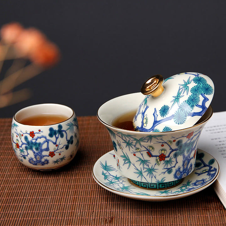 Buddha Stones Retro Plum Blossom Pine Bamboo Phoenix Kirin Ceramic Gaiwan Sancai Teacup Kung Fu Tea Cup and Saucer with Lid - image 3