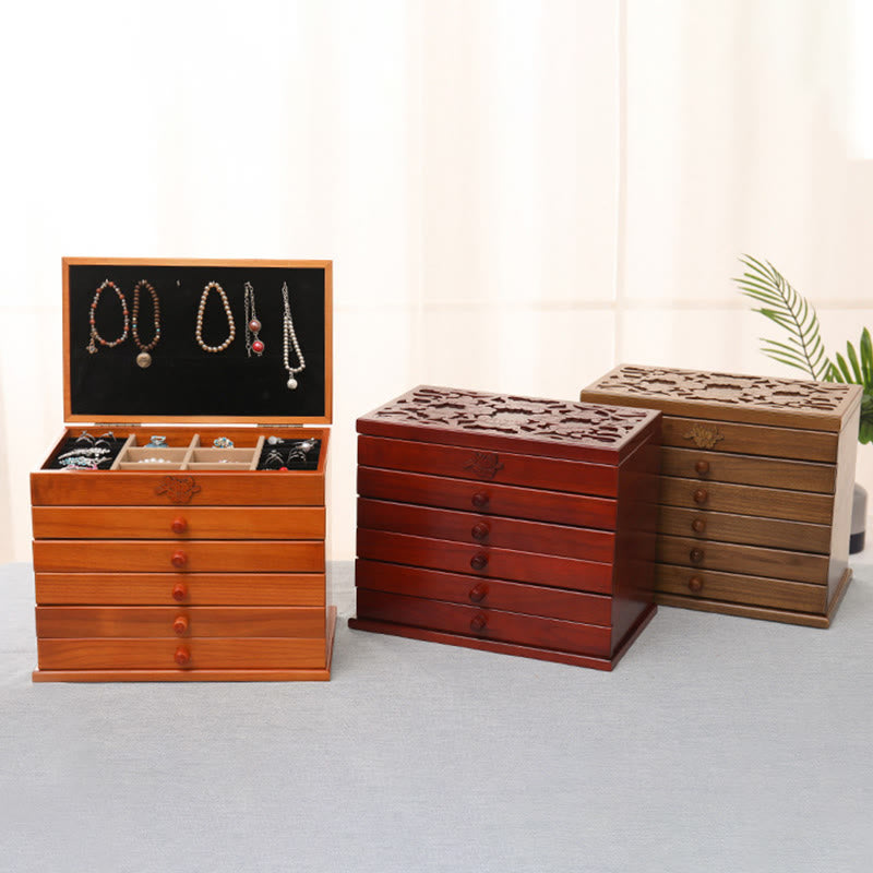 Buddha Stones Large Capacity Vintage Flowers Carved Wooden Jewelry Box Six-Layer Jewelry Storage Box - image 16