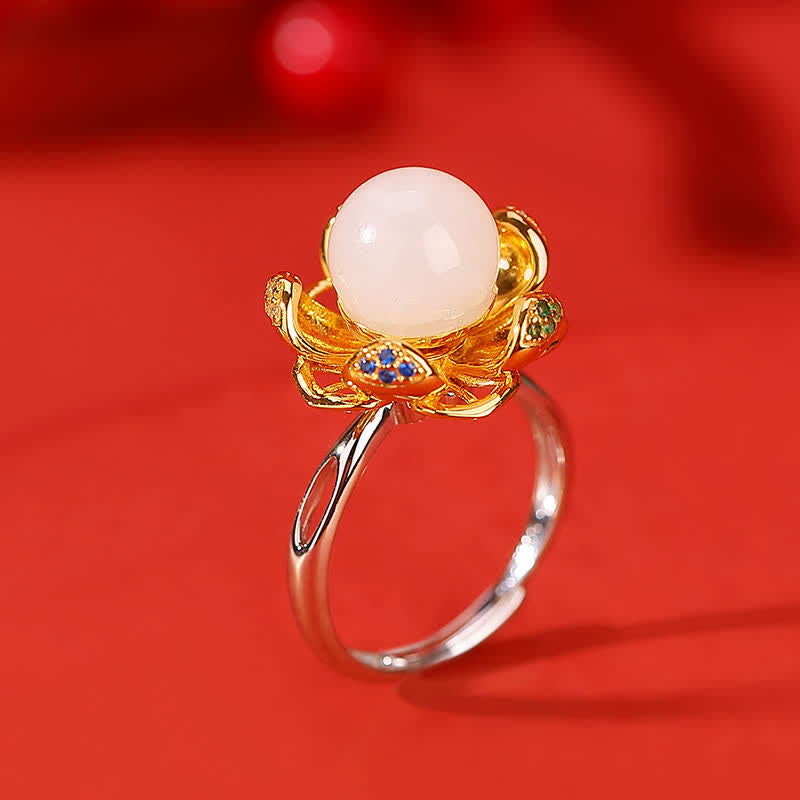 Buddha Stones 925 Sterling Silver White Jade Cyan Jade Lotus Flower Success Ring - White Jade(Protection♥Blessing) - image 1