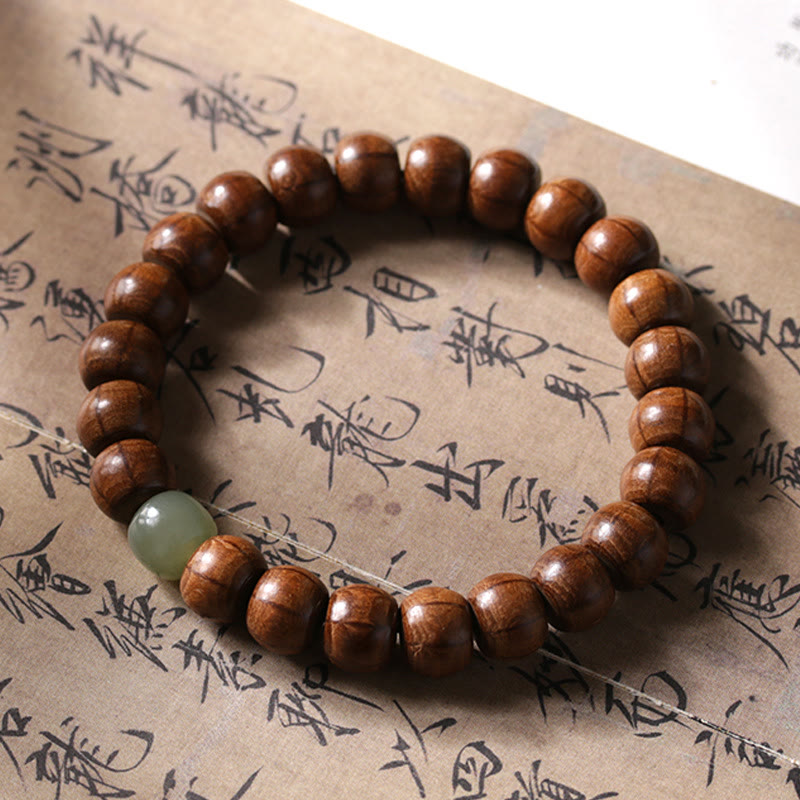 Buddha Stones Natural Abelia Biflora Wood Hetian Jade Bamboo Bead Warding Off Evil Spirits Bracelet - 8*10mm Abelia Biflora Wood&Hetian Jade Bead - 18cm - image 11