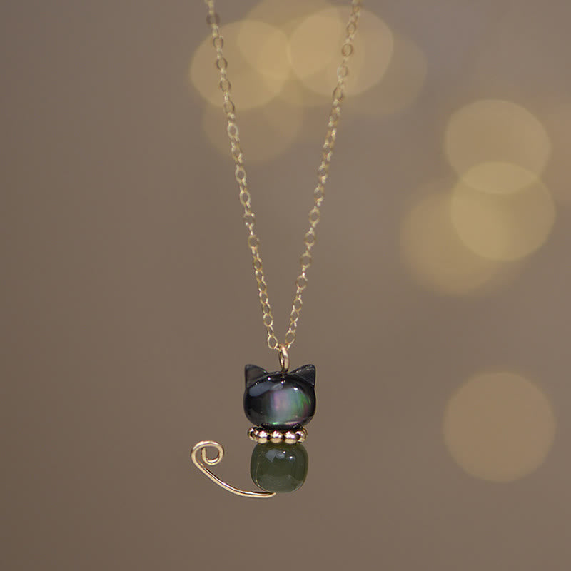 Buddha Stones 14K Gold Plated Pearl Hetian Jade Shell Luck Cat Kitten Necklace Pendant - Normal 14K Gold Plated - Shell&Cyan Jade - image 7