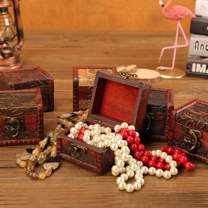 Buddha Stones Retro Small Square Wood Jewelry Box Lotus Grass Flower Grape Copper Coin Daffodil Jewelry Storage Box - image 2