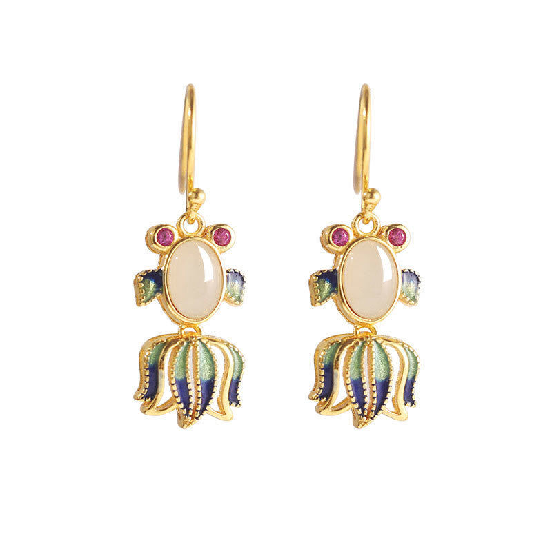 925 Sterling Silver Hetian White Jade Red Agate Cute Fish Happiness Drop Earrings - image 2