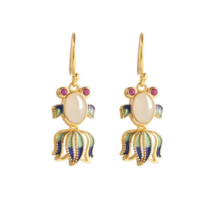 925 Sterling Silver Hetian White Jade Red Agate Cute Fish Happiness Drop Earrings - image 2