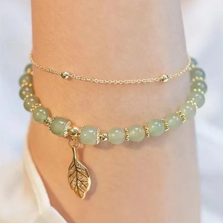 Buddha Stones Jade Leaf Ginkgo Tulip Peanut Fu Character Luck Beaded Bracelet - image 7