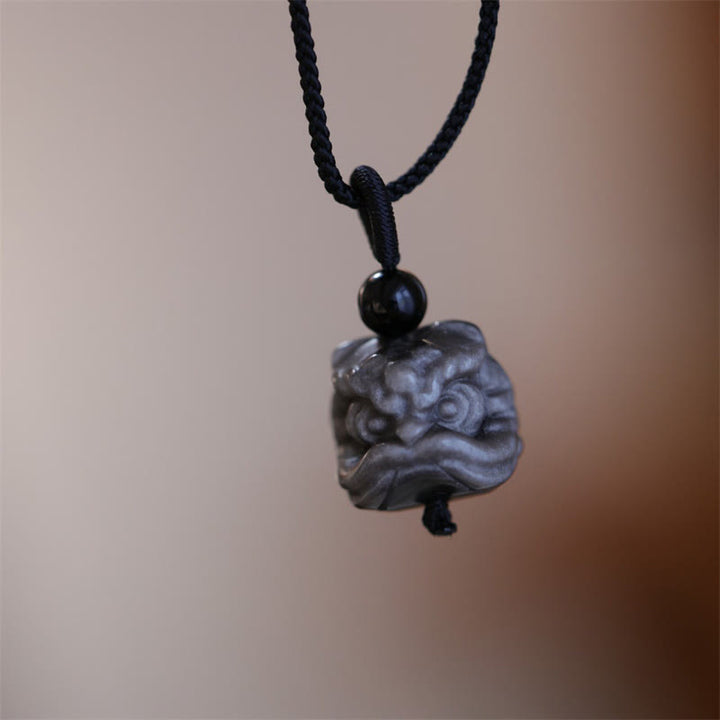 Buddha Stones Natural Silver Sheen Obsidian Dancing Lion Protection Necklace Pendant - image 7