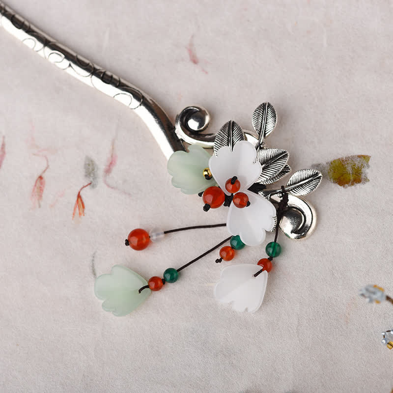 Red Agate Flower Leaf Calm Confidence Tassel Hairpin - image 2