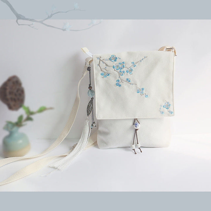 Buddha Stones Handmade Embroidered Plum Flowers Canvas Crossbody Bag Shoulder Bag Handbag - White Blue Plum 20*23cm - image 17