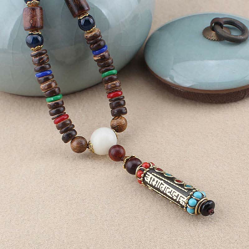 Buddha Stones Tibetan Om Mani Padme Hum Dzi Bead Wenge Wood Necklace Pendant - image 3