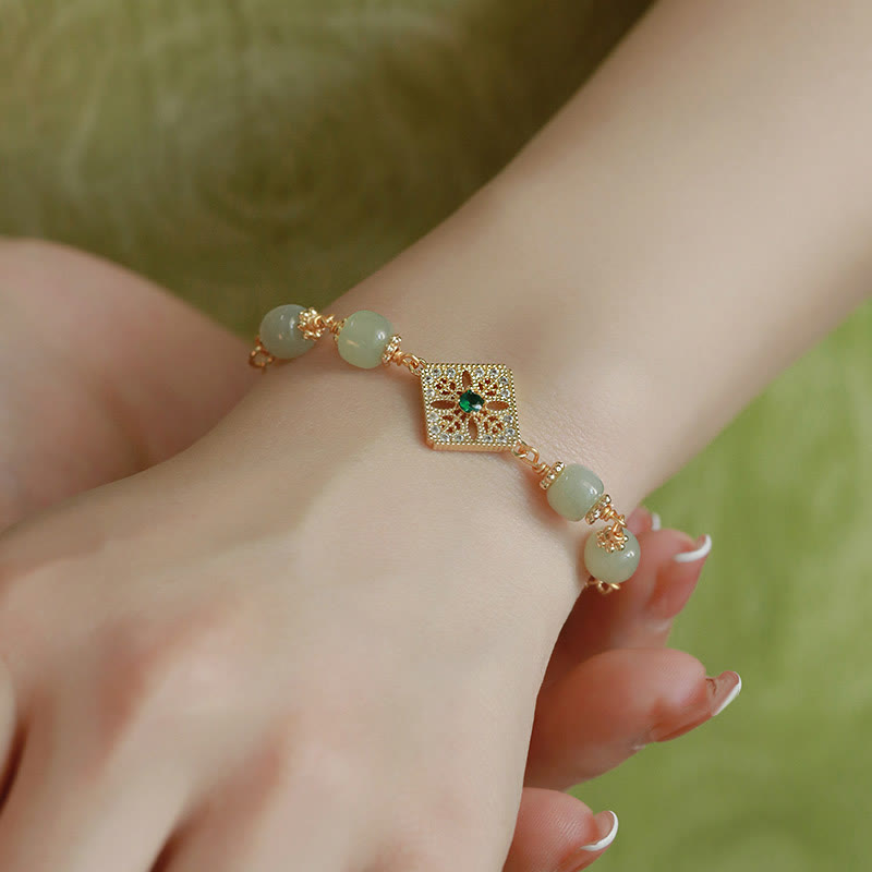 Buddha Stones Natural Hetian Jade Bead Square Pattern Luck Chain Bracelet - image 9