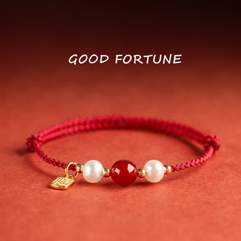 Buddha Stones 925 Sterling Silver Good Fortune Fu Character Agate Pearl Red String Braid Bracelet - Fu Character-925 Sterling Silver Fortune Charm(Wrist Circumference 14-18cm) - image 0