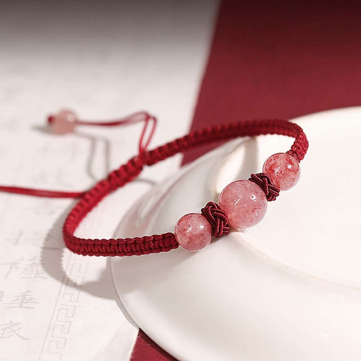 Buddha Stones Natural Strawberry Quartz Crystal Love Red String Weave Bracelet Anklet - image 2