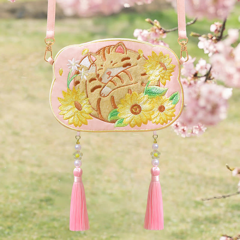 Buddha Stones Embroidery Lucky Panda Cat Shiba Inu Deer Rabbit Fox Flower Cute Animal Hanfu Bag Crossbody Bag Shoulder Bag - Orange Cat - image 13