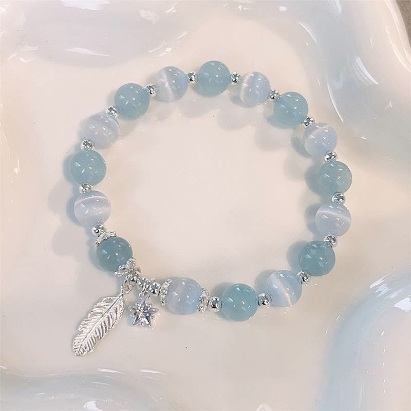 Buddha Stones 925 Sterling Silver Aquamarine Cat's Eye Healing Feather Star Charm Bracelet - image 3