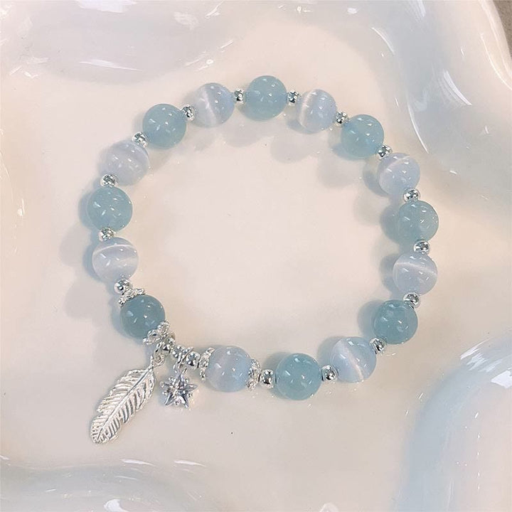 Buddha Stones 925 Sterling Silver Aquamarine Cat's Eye Healing Feather Star Charm Bracelet - image 3