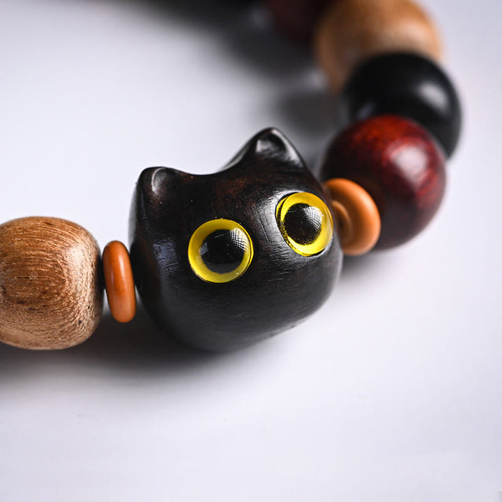 Buddha Stones Small Leaf Red Sandalwood Ebony Wood Cute Cat Engraved Protection Bracelet - image 7