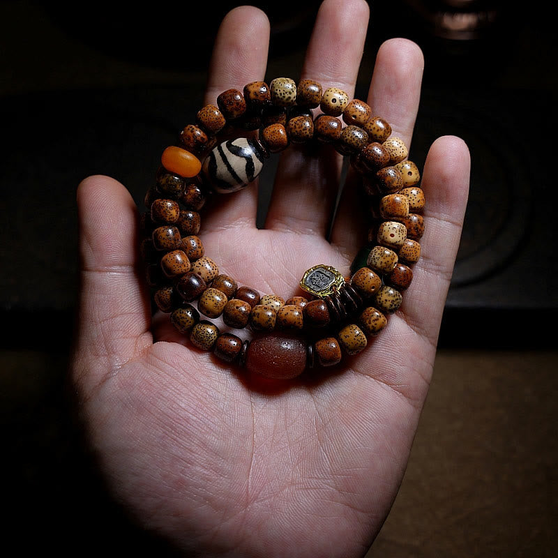 Buddha Stones Tibetan Bodhi Seed Amber Dzi Bead Agate Zakiram Goddess of Wealth Beads Triple Wrap Bracelet - image 2