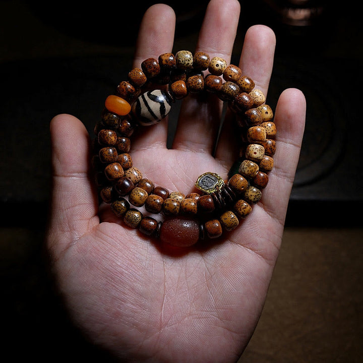 Buddha Stones Tibetan Bodhi Seed Amber Dzi Bead Agate Zakiram Goddess of Wealth Beads Triple Wrap Bracelet - image 2