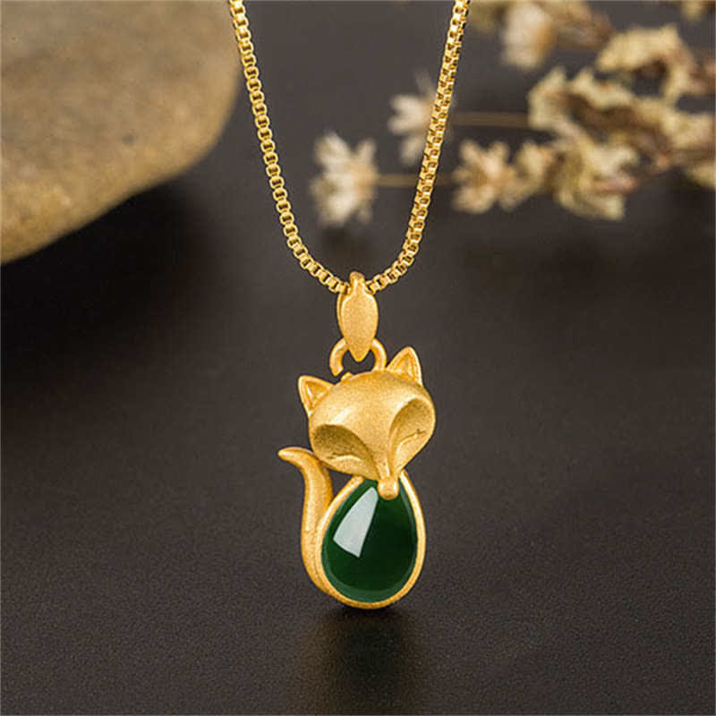 Buddha Stones Green Chalcedony Fox Pattern Courage Necklace Pendant - image 3