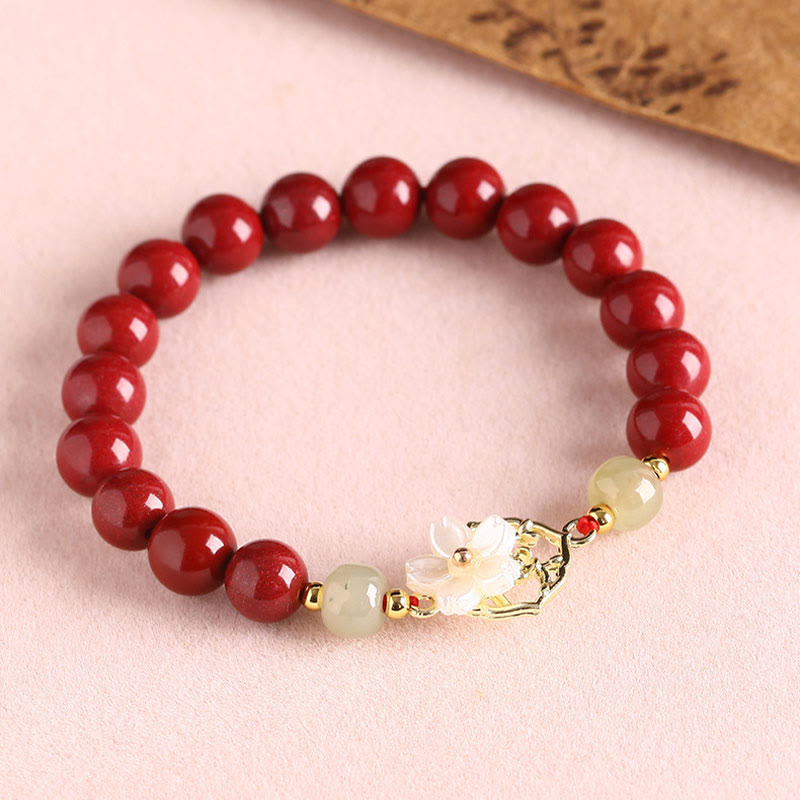 Buddha Stones Natural Cinnabar Jade Beaded Tridacna Stone Flower Blessing Bracelet - image 13