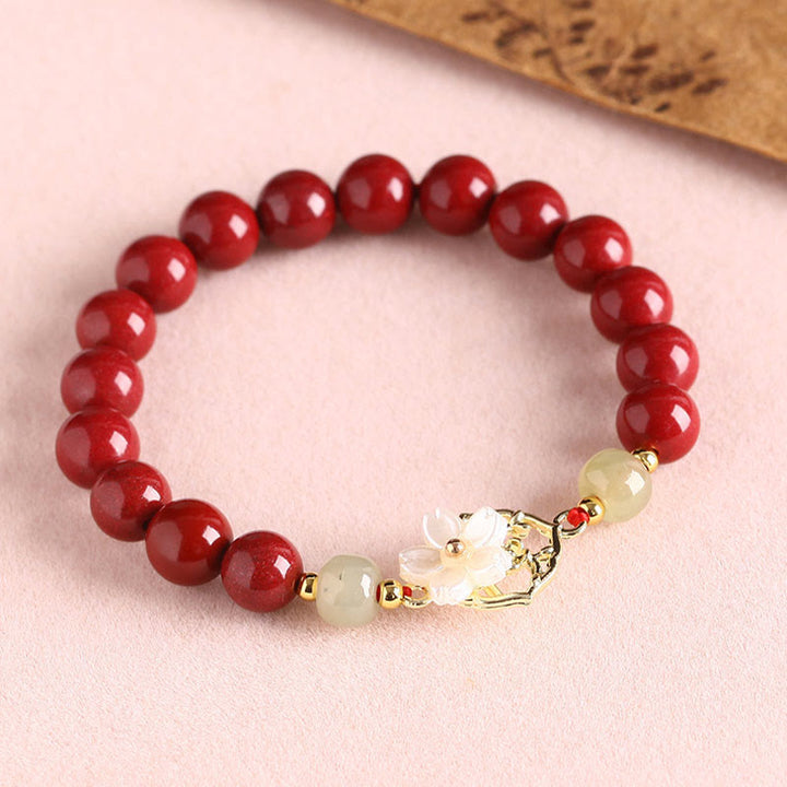 Buddha Stones Natural Cinnabar Jade Beaded Tridacna Stone Flower Blessing Bracelet - image 13