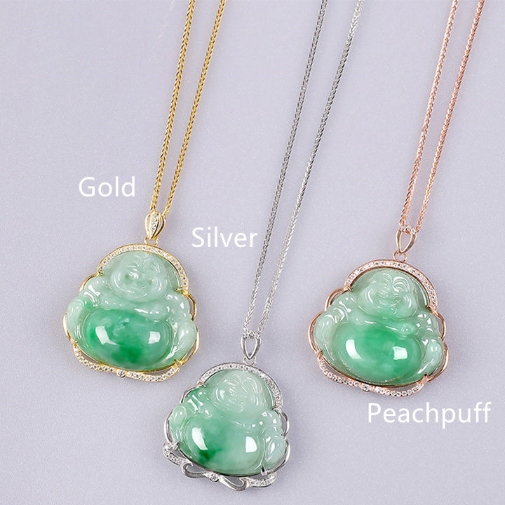 925 Sterling Silver Laughing Buddha Natural Jade Prosperity Necklace Chain Pendant - Silver - image 3