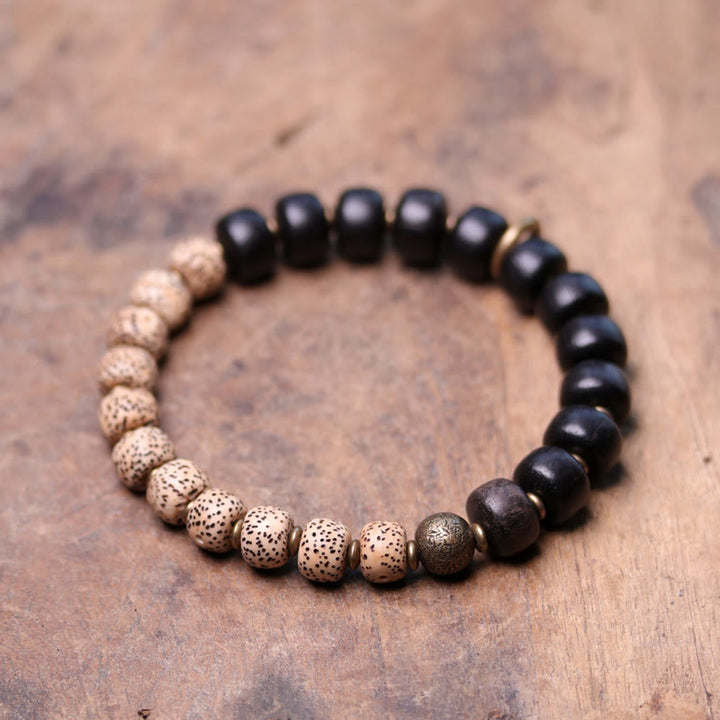 Buddha Stones Tibetan Bodhi Seed Black Obsidian Ebony Wood Copper Peace Bracelet - Bodhi Seed&Round Ebony Wood - 18cm - image 7