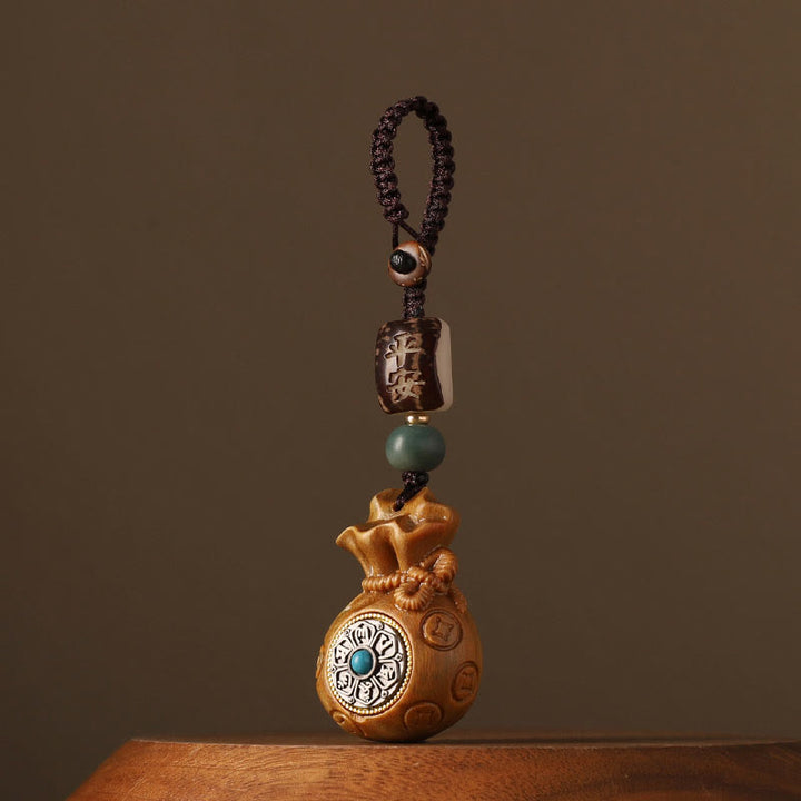 Buddha Stones Small Leaf Red Sandalwood Green Sandalwood Money Bag Om Mani Padme Hum Rotatable Protection Keychain Phone Hanging Decoration - Green Sandalwood(Cure♥Positive) - Key Chain - image 8