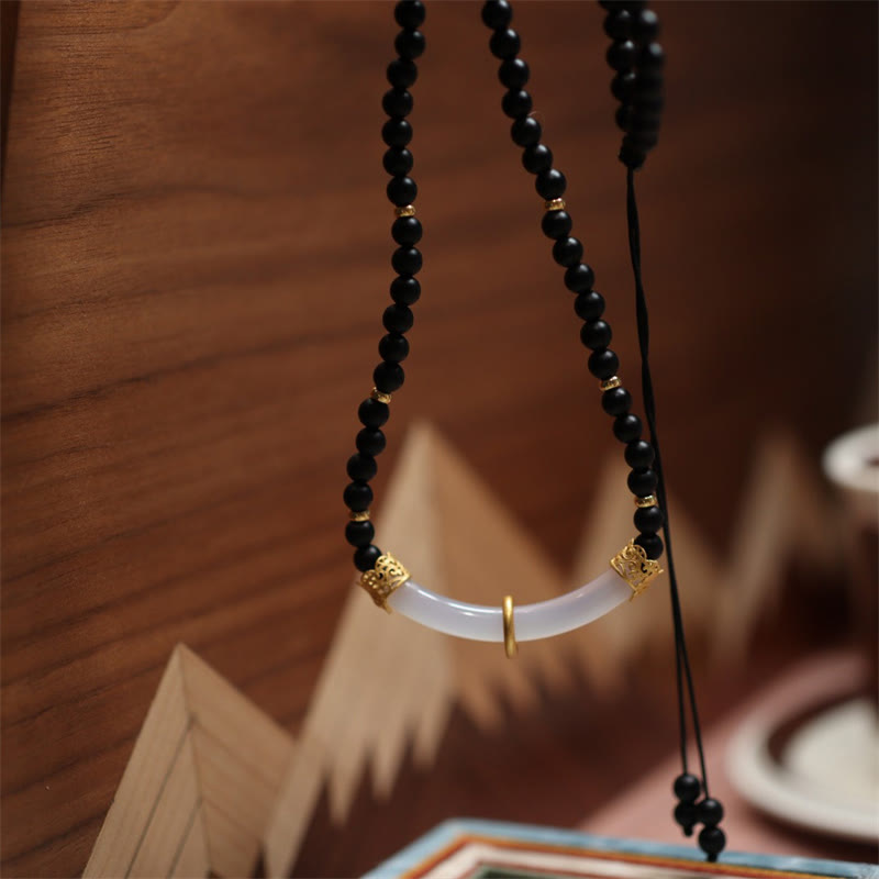 925 Sterling Silver Black Onyx Chalcedony Protection Beaded Necklace Pendant - image 1