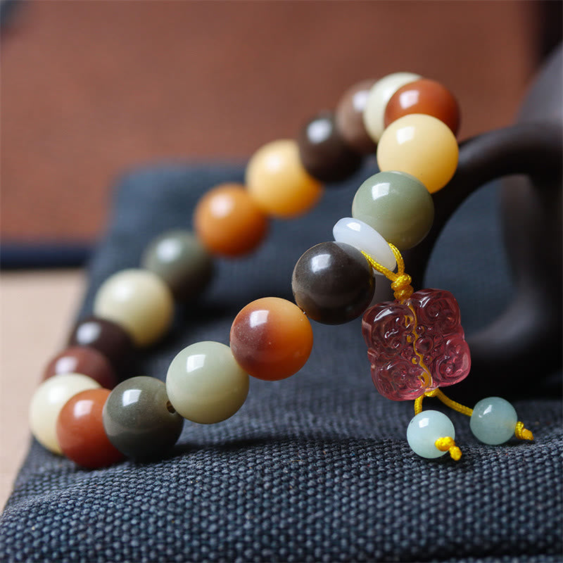 Buddha Stones Natural Multicolored Gradient Bodhi Seed Liuli Glass Charm Peace Bracelet - image 3
