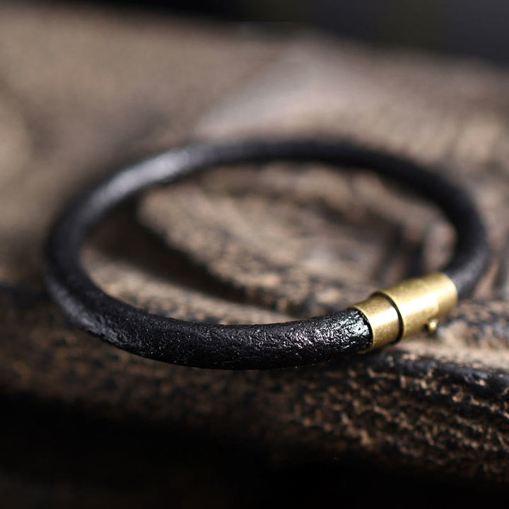 Buddha Stones Retro Leather Luck Healing Copper Magnetic Buckle Bracelet - Black - 20-21cm - image 15