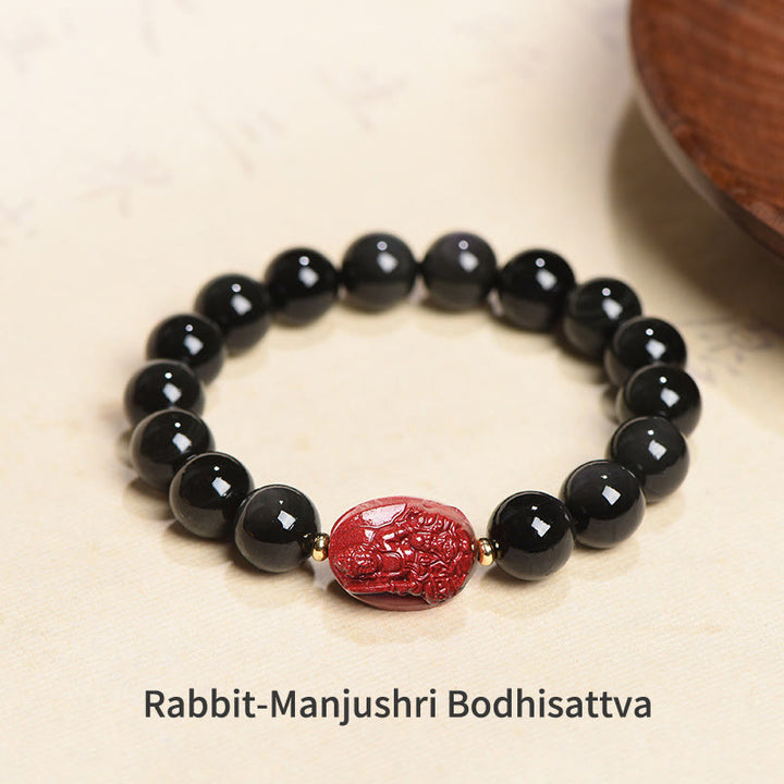 Buddha Stones Chinese Zodiac Natal Buddha Natural Black Obsidian Cinnabar Purification Bracelet - 10mm - Rabbit-Manjushri Bodhisattva(Wrist Circumference 14-17cm) - image 18