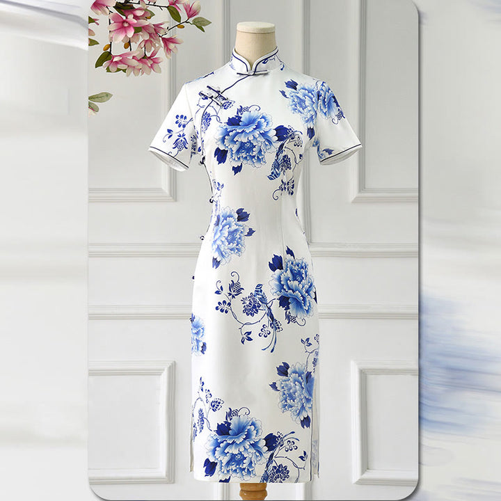 Buddha Stones Blue And White Porcelain Color Peony Flower Pattern Cheongsam Dress Women's Qipao Dress - image 13