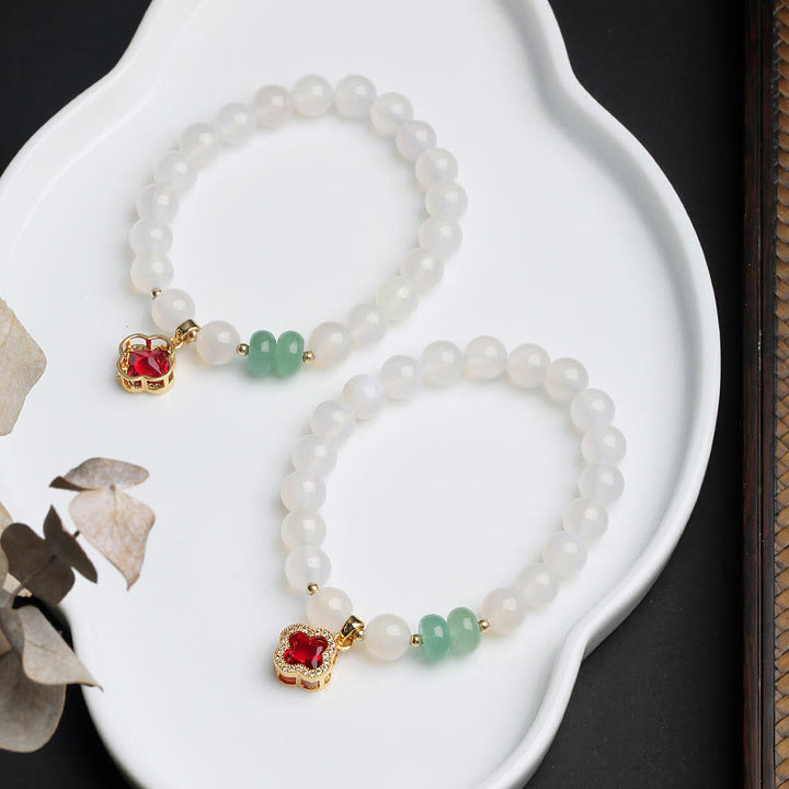 Buddha Stones Natural White Agate Red Agate Money Bag Fu Character Four Leaf Clover Protection Bracelet - image 9