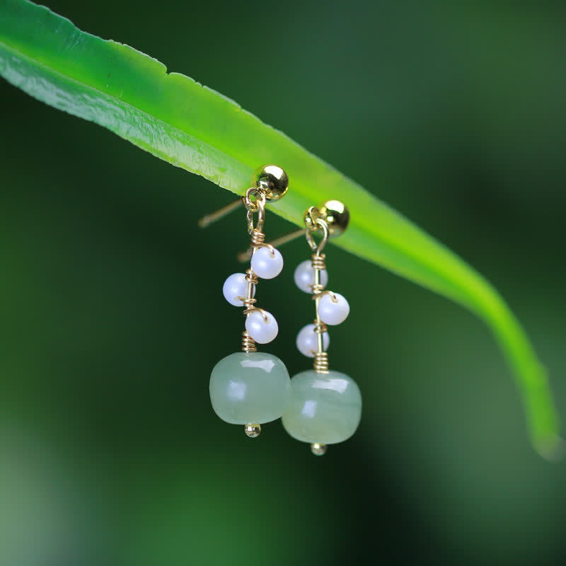 Hetian Jade Flower Pattern 14K Gold Plated Luck Drop Dangle Earrings - image 5