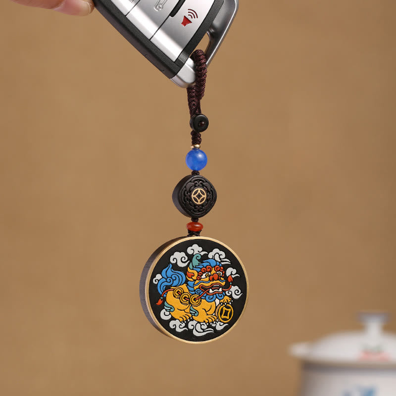 Buddha Stones PiXiu Copper Coin Ebony Wood Luck Attract Wealth Key Chain Decoration - PiXiu(Wealth♥Luck) - image 0