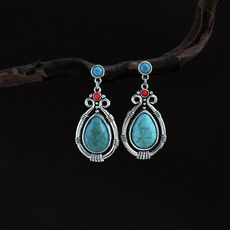 Tibet Vintage Turquoise Waterdrop Strength Drop Dangle Earrings Clips - Earrings - image 0