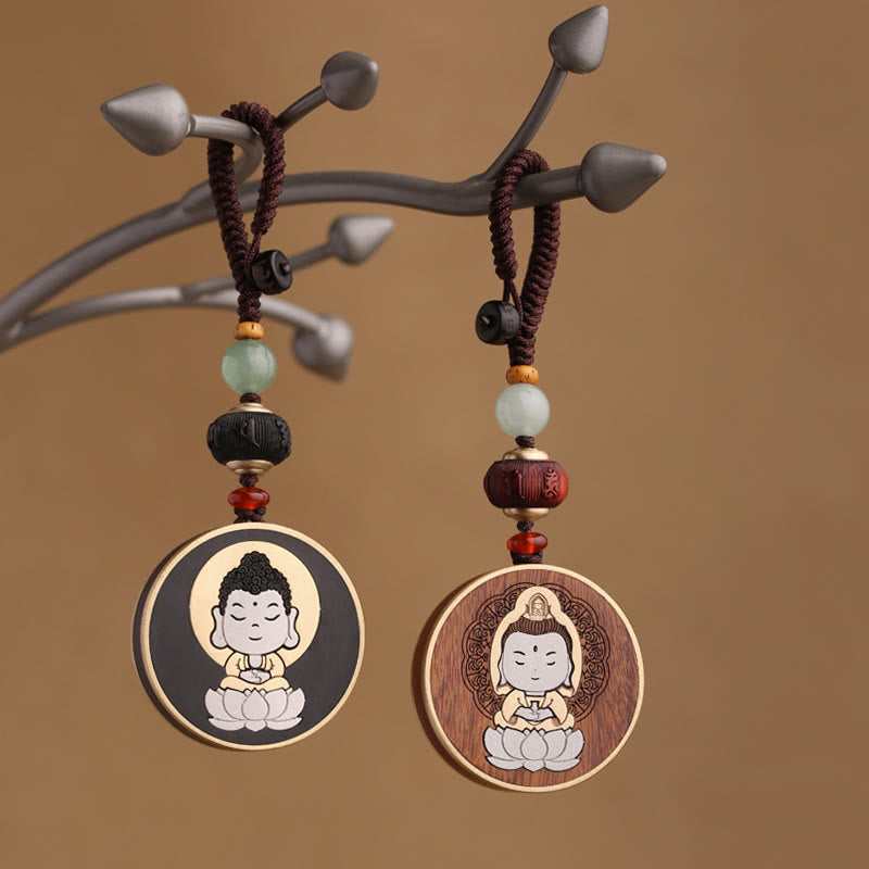 Buddha Stones Ebony Wood Rosewood Buddha Avalokitesvara Om Mani Padme Hum Balance Car Key Chain Decoration - image 0
