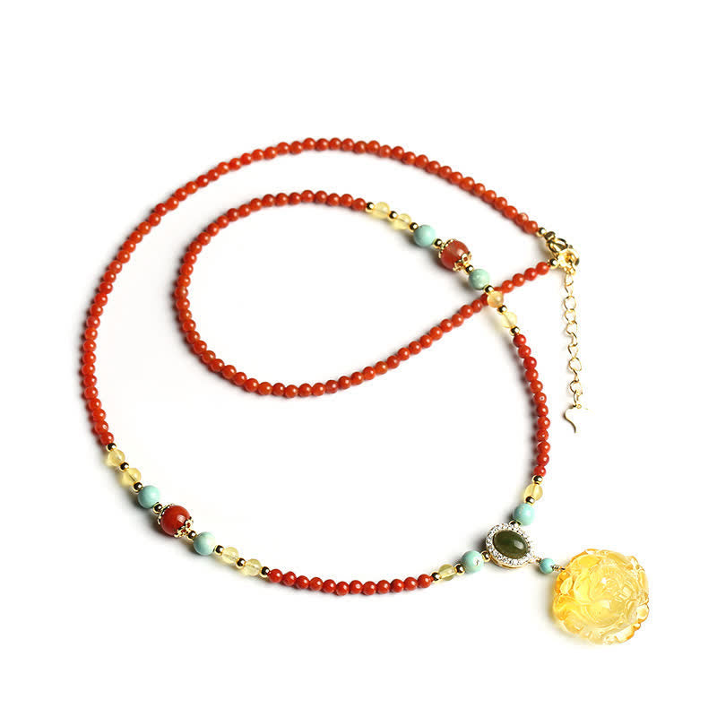 925 Sterling Silver Natural Red Agate Amber Peony Confidence Charm Necklace Pendant - image 6