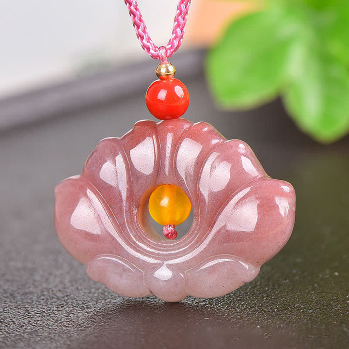 Buddha StonesPink Golden Silk Jade Lotus Flower Wealth Necklace Pendant - image 4