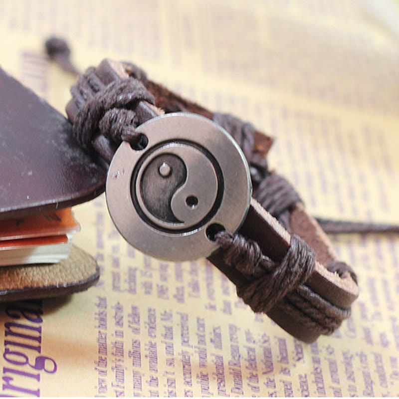 Buddha Stones Retro Yin Yang Leather Harmony String Bracelet - image 5