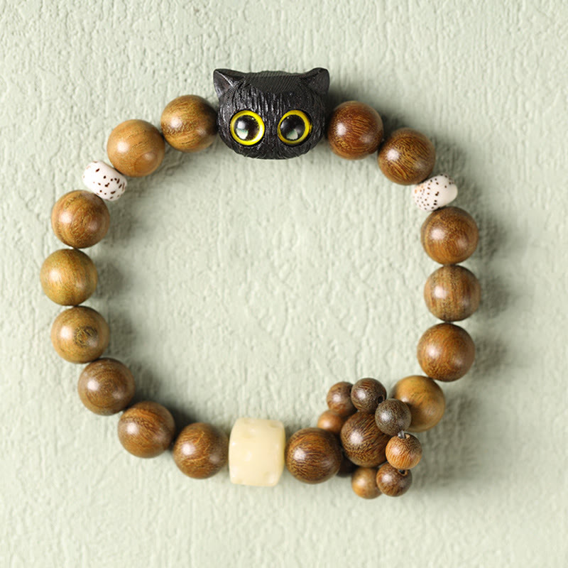 Buddha Stones Green Sandalwood Ebony Wood Cat Peace Soothing Bracelet - image 1