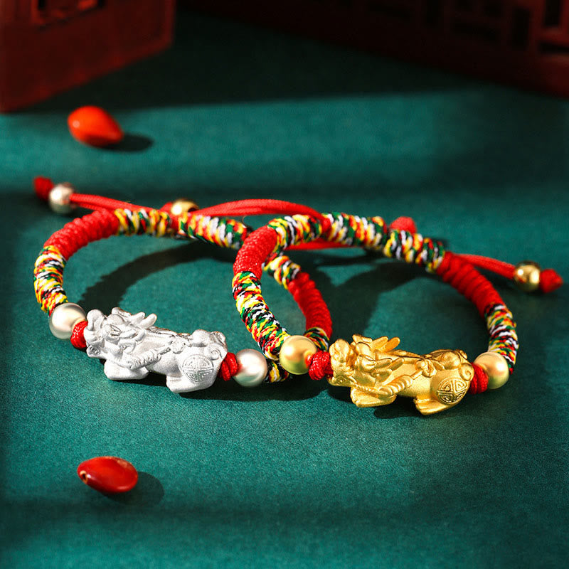 Buddha Stones 999 Sterling Silver PiXiu Wealth King Kong Knot String Braided Kids Child Bracelet - image 0