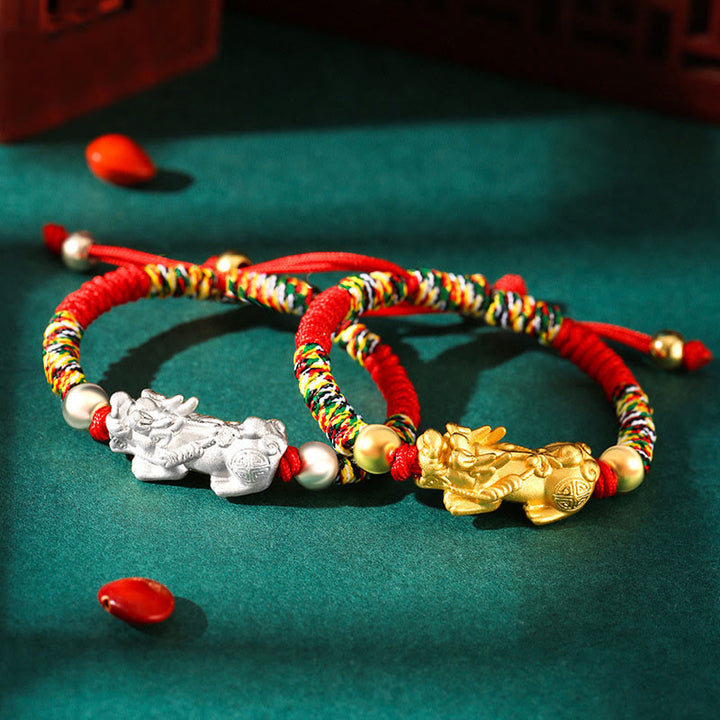 Buddha Stones 999 Sterling Silver PiXiu Wealth King Kong Knot String Braided Kids Child Bracelet - image 0