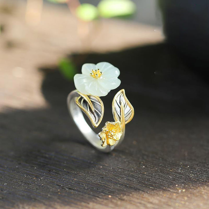 Buddha Stones 925 Silver Plated Copper White Jade Plum Flower Leaf Luck Ring - image 6